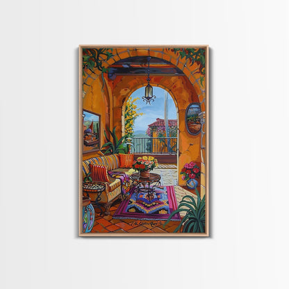 Spanish Villa With Cactus And Flowers Framed Canvas Print Rustic Home Decor Best Gift Idea Bright Courtyard Seasonal Wall Art