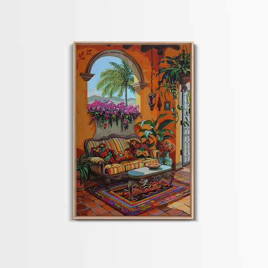 Mediterranean Courtyard Lounge Framed Canvas Print Spanish Style Home Decor Best Gift Bright Seasonal Art Above Sofa Wall Art
