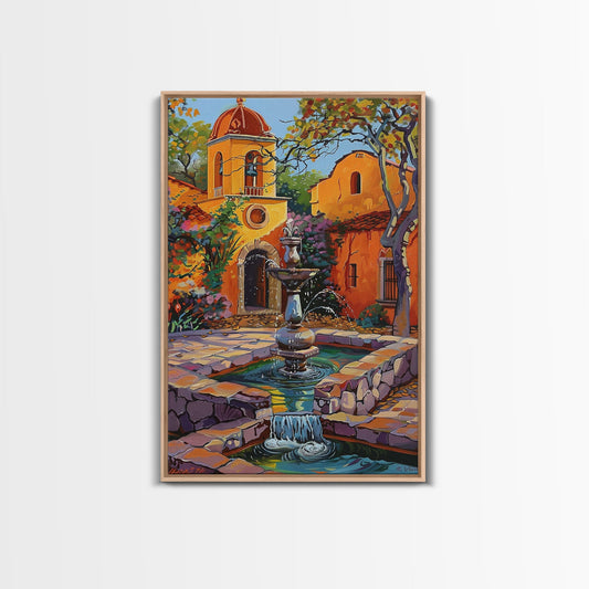 Mexican Style Framed Canvas Print Tall Art Vibrant Outdoor Fountain Scene With Colorful Architecture