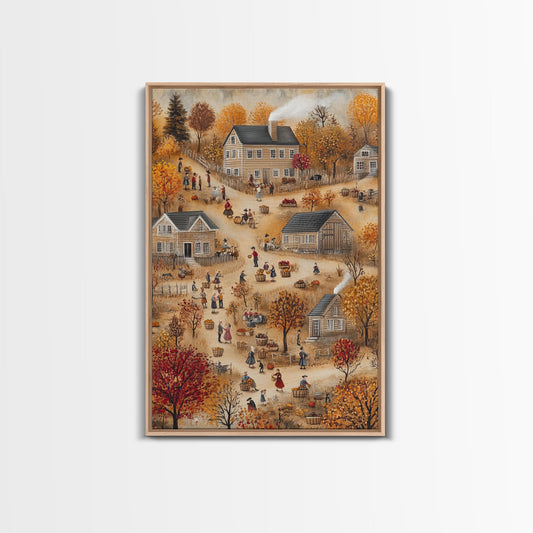 Folk Art Harvest Scene with Autumn Colors and Cozy Farm Activities, Perfect for Framed Canvas Print and Seasonal Wall Decor