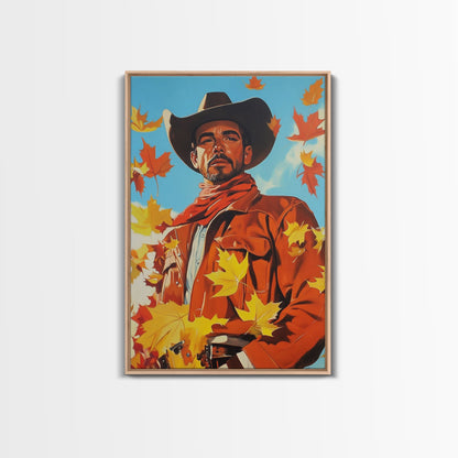 Autumn Cowboy Holiday Decor Framed Canvas Print with Leaves, Colorful Seasonal Wall Art Gift Idea 2024