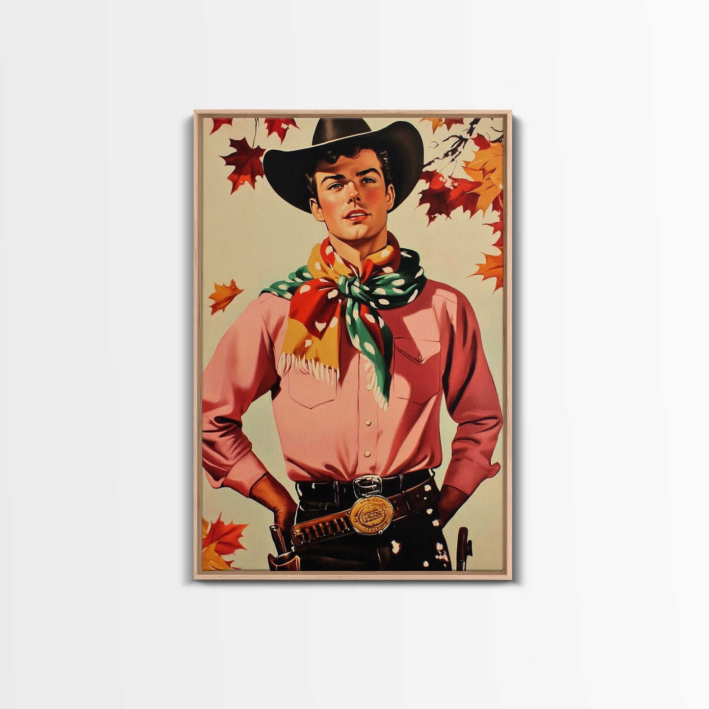 Cowboy Christmas Wall Art Canvas Print with Autumn Leaves, Seasonal Holiday Decor and Gift Idea 2024