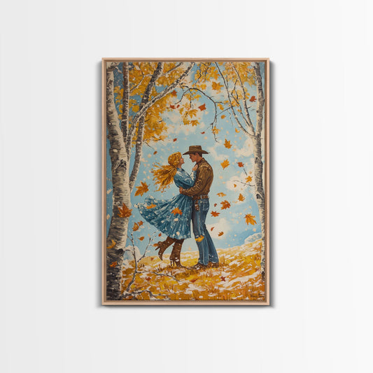 Romantic Fall Couple Framed Canvas Print - 2024 Autumn Love Country Cowboy Art Gift Idea for Fall Home Decor