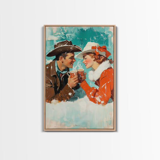 Cozy Couple Hot Cocoa Framed Canvas Print - Retro Vintage Christmas Art 2024 Christmas Decor Perfect for Holiday Wall Art