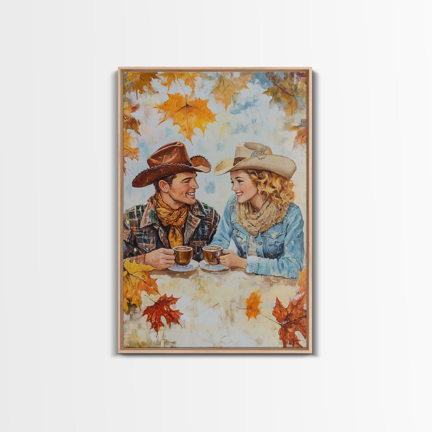 Cowboy and Cowgirl Fall Scene Framed Canvas Print - 2024 Rustic Autumn Love Country Art Gift Idea Fall Wall Decor