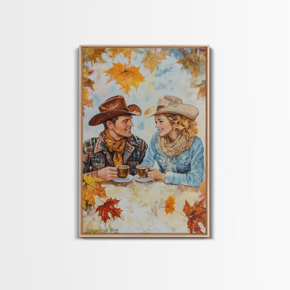 Cowboy and Cowgirl Fall Scene Framed Canvas Print - 2024 Rustic Autumn Love Country Art Gift Idea Fall Wall Decor
