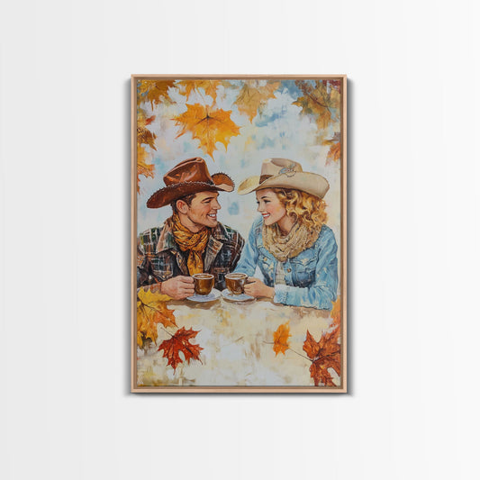 Cowboy and Cowgirl Fall Scene Framed Canvas Print - 2024 Rustic Autumn Love Country Art Gift Idea Fall Wall Decor