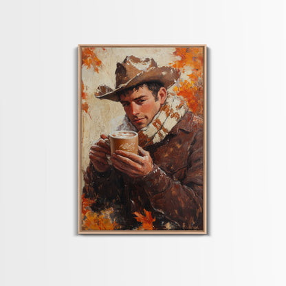 Cowboy mit Kaffeetasse im Herbst – Gerahmter Leinwanddruck – Herbstliche Wanddekoration im Landhausstil 2024 – Rustikale Wohndeko und Geschenkidee