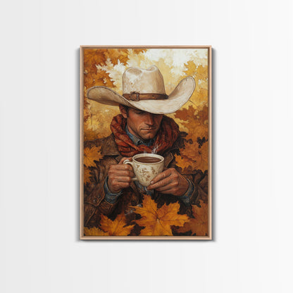 Cowboy Holding Hot Drink Framed Canvas Print - Moody Winter Landscape Art Perfect 2024 Christmas Wall Decor