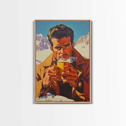 Cowboy Drinking Coffee in Winter Cabin Framed Canvas Print - Cozy Christmas Wall Art 2024 Rustic Holiday Decor