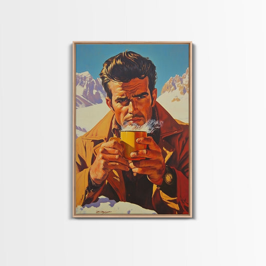 Cowboy Drinking Coffee in Winter Cabin Framed Canvas Print - Cozy Christmas Wall Art 2024 Rustic Holiday Decor