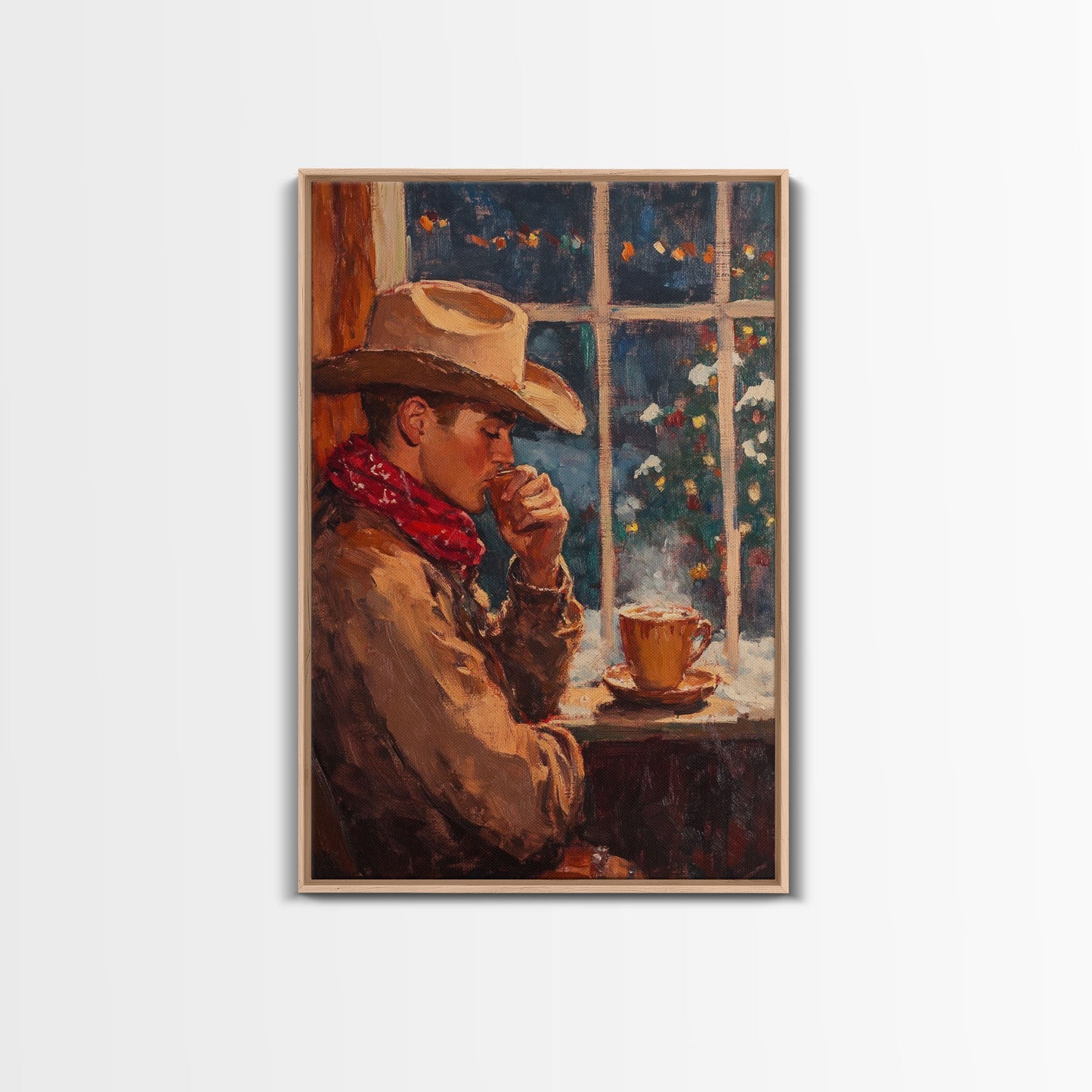 Cowboy in Snow with Coffee Framed Canvas Print - Winter Country Scene Art 2024 Cozy Christmas Wall Decor and Gift Idea