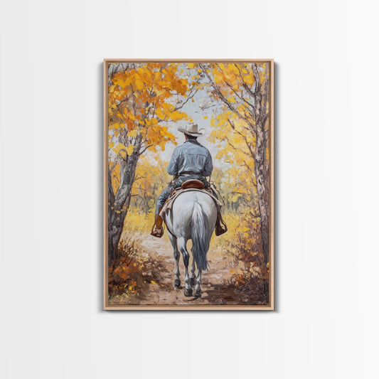 Lone Cowboy Riding Through Red Autumn Trees Framed Canvas Print Vintage Christmas Wall Art Fall Decor Winter Wonderland Seasonal Wall Art