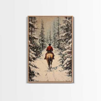 Cowboy on Horseback in Golden Autumn Trees Framed Canvas Print Rustic Christmas Wall Art Fall Decor Country Christmas Gift Seasonal Wall Art