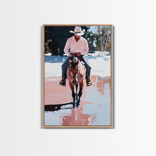 Cowboy Riding Through Snowy Winter Woods Framed Canvas Print Vintage Christmas Wall Art Winter Landscape Decor Landscape Christmas Decor