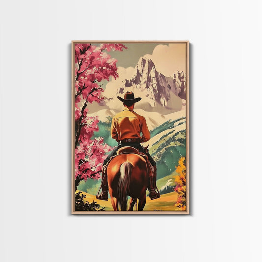 Cowboy Rider in Autumn Field with Mountains Framed Canvas Print Fall Landscape Wall Art Christmas Wall Decor Vintage Christmas Gift Idea