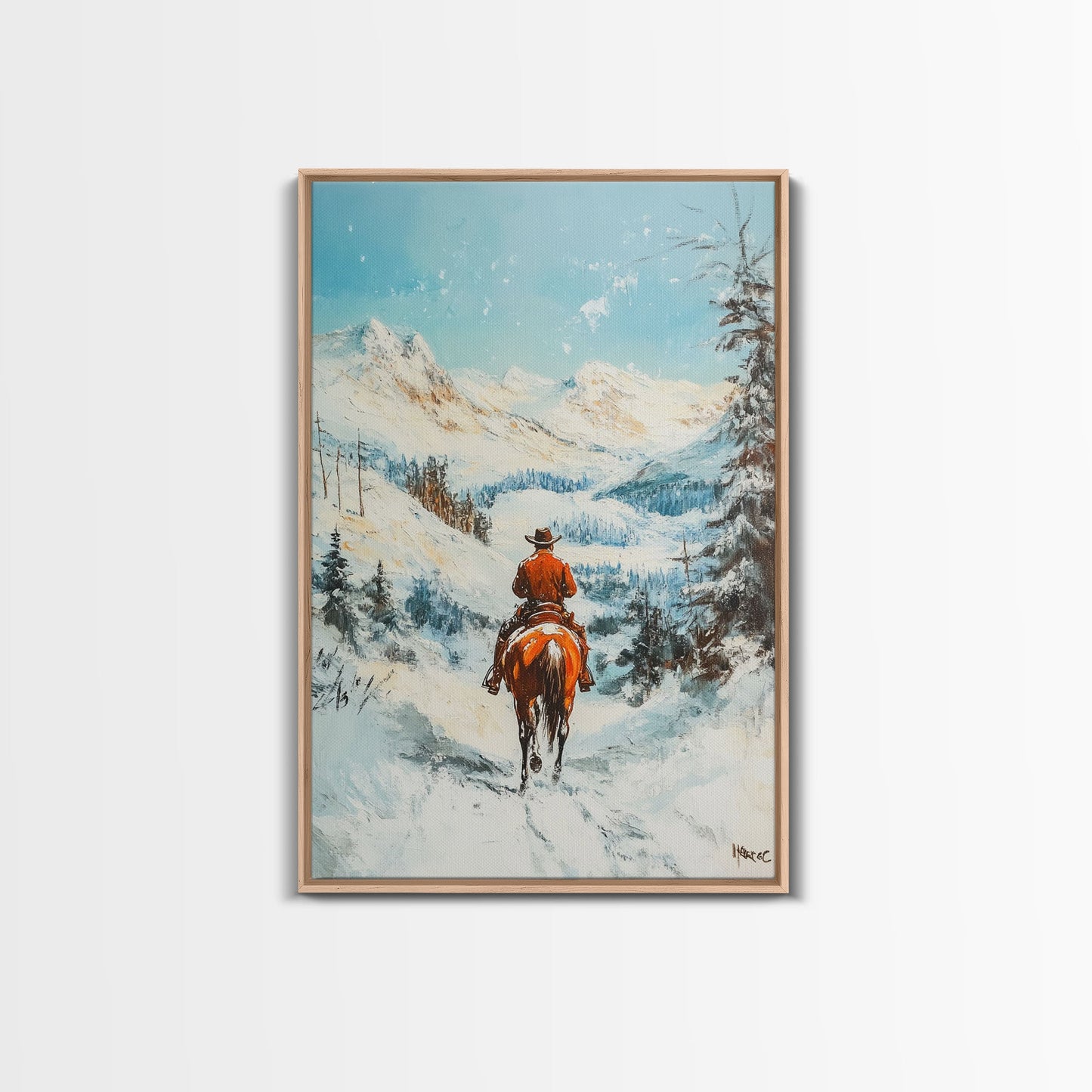 Cowboy reitet durch verschneite Berge – Gerahmter Leinwanddruck – Weihnachtswandbild – Winterwunderland-Dekoration – Saisonale Wanddekoration – Geschenkidee zu Weihnachten