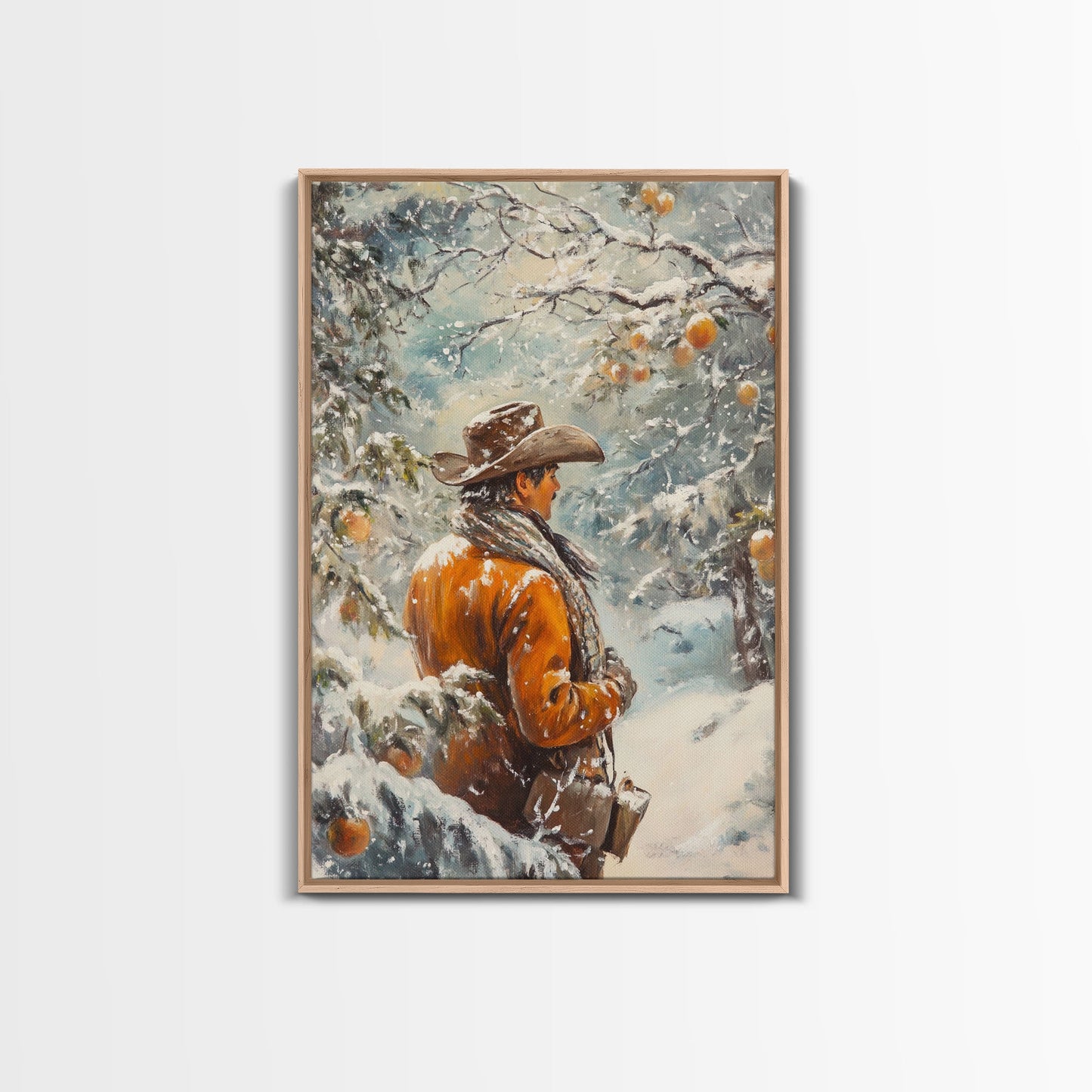Cowboy in Snowy Orchard Canvas Print with Frosty, Christmas Wall Art Gift, Seasonal Decor, Winter Wonderland, Holiday Decor, Canvas Print