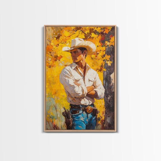 Cowboy with Autumn Foliage Canvas Print, Vibrant Fall Decor, Perfect Fall Wall Art, Seasonal Home Decor, Western Art, Framed Canvas Print