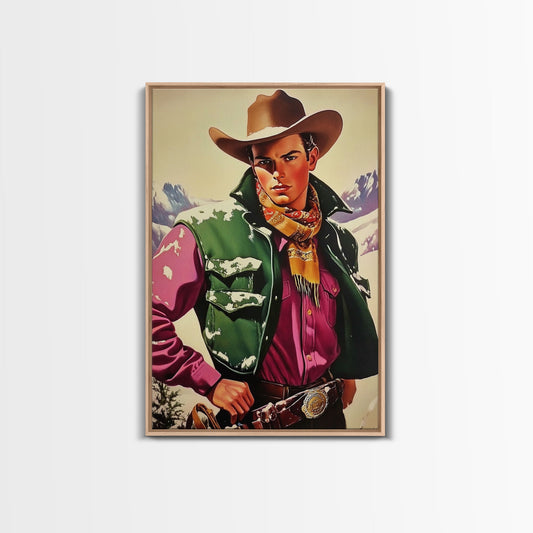 Retro Cowboy in Snowy Mountain Canvas Print, Winter Wall Art, Holiday Decor, Vintage Christmas Art, Rustic Wall Decor, Framed Canvas Print