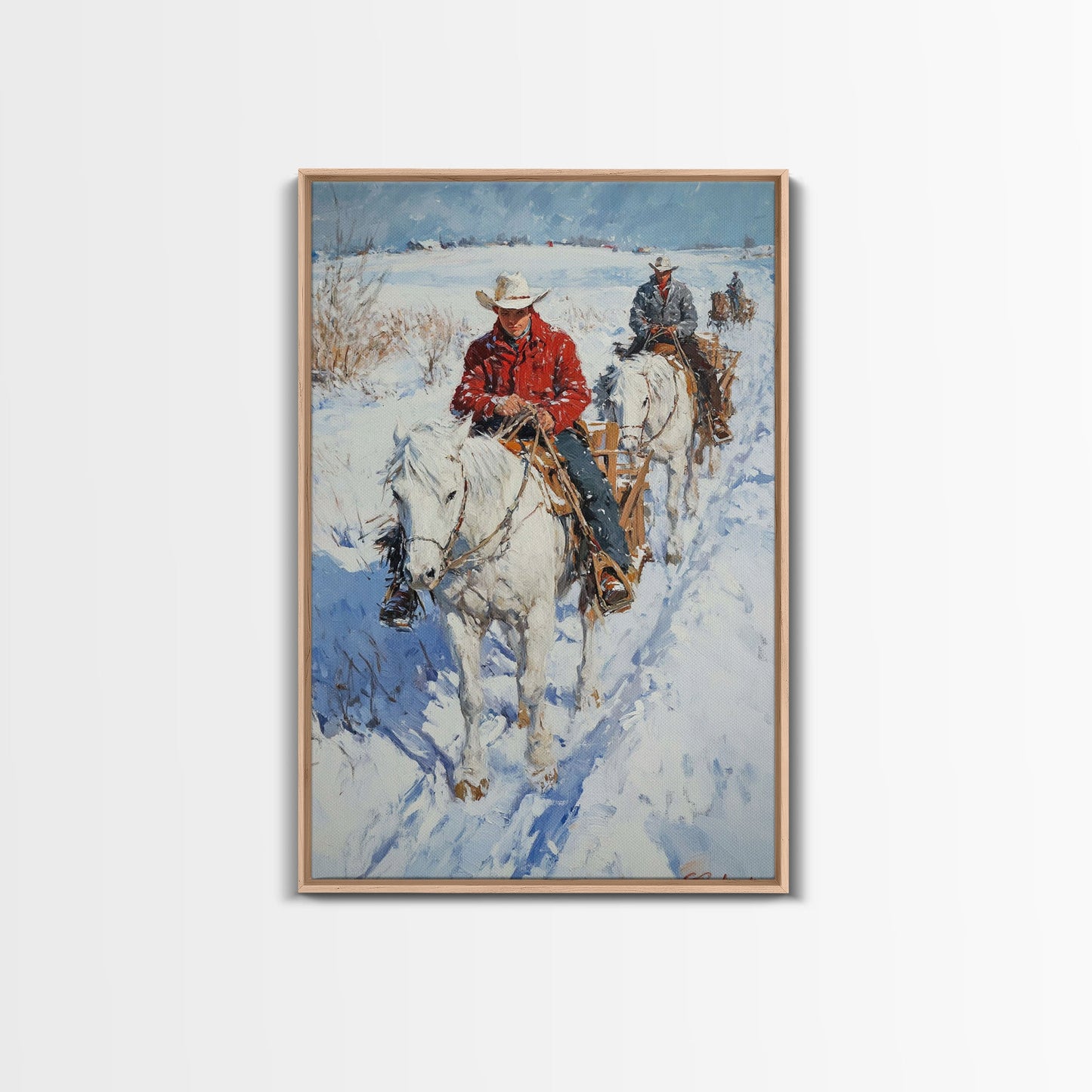 Cowboy Riding Horses in Snow Canvas Print, Winter Wall Art, Rustic Christmas Decor, Holiday Gift Idea, Seasonal Art, Framed Canvas Print