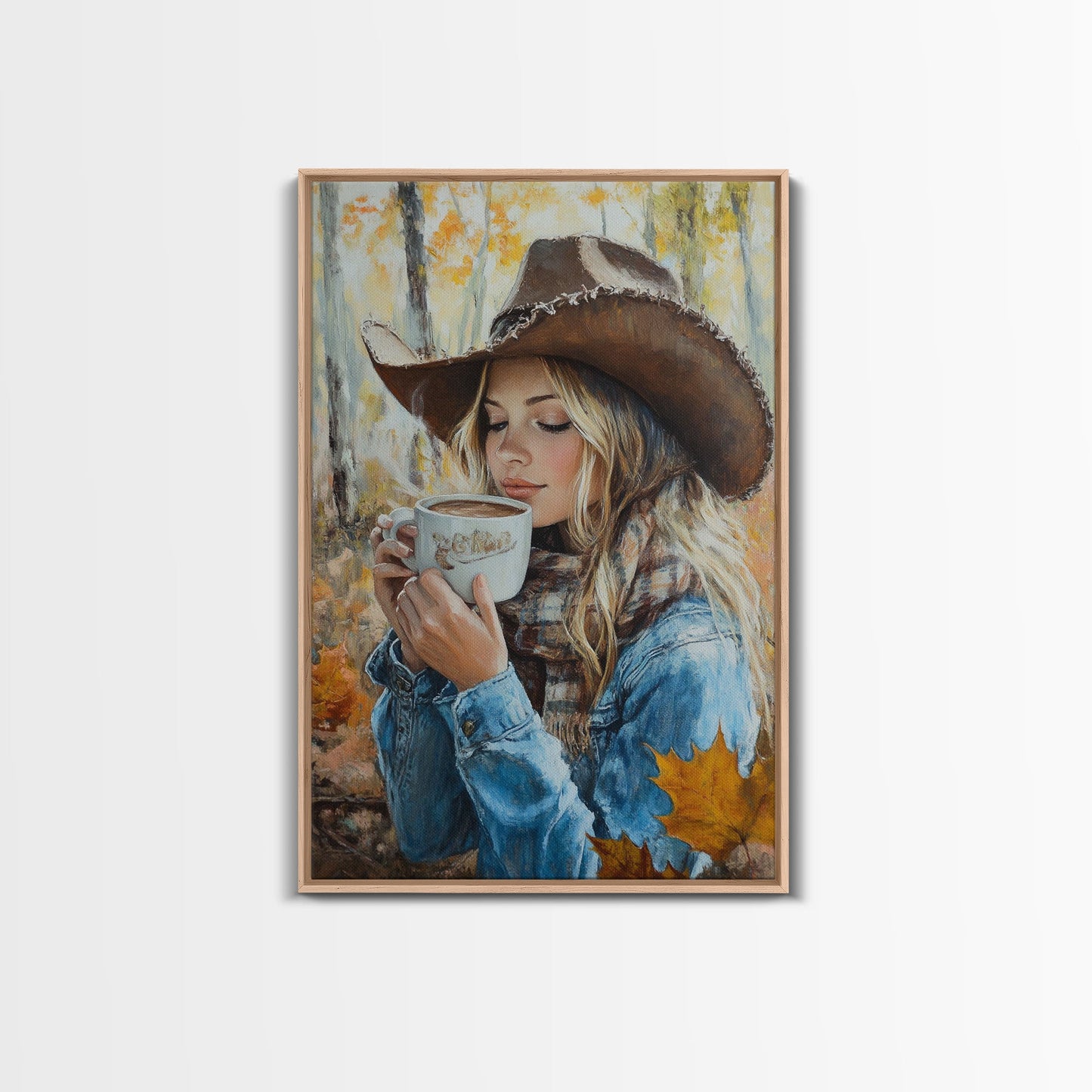 Fall-themed farmhouse framed canvas print a woman with coffee amidst autumn leaves ideal harvest home decor or seasonal wall art gift idea