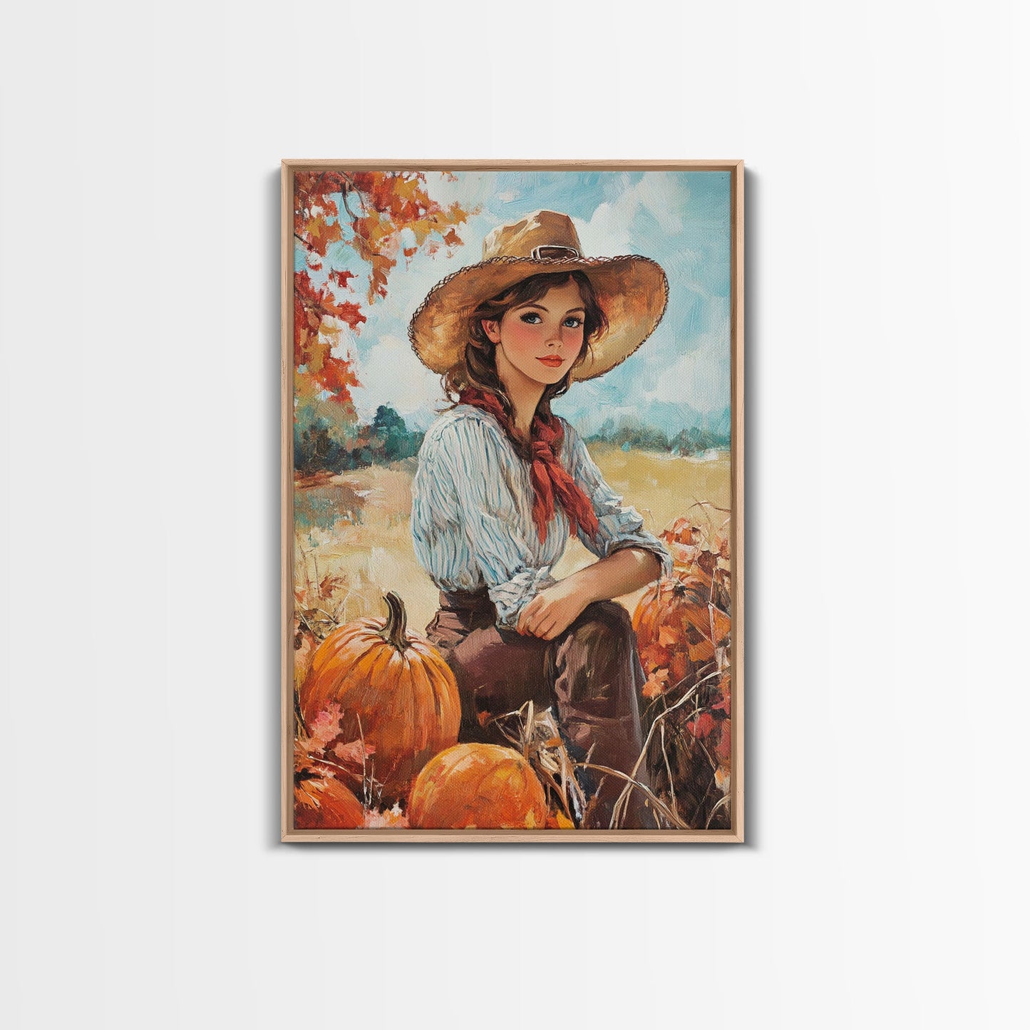 Country fall harvest framed canvas print pumpkins and a serene autumn landscape perfect seasonal wall art for rustic farmhouse home decor