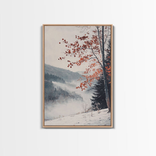 Canvas Print of Snowy Mountain Trees Red Leaves, Winter Wonderland Wall Art, Best Gift Idea, Moody Landscape, Rustic Christmas Decor