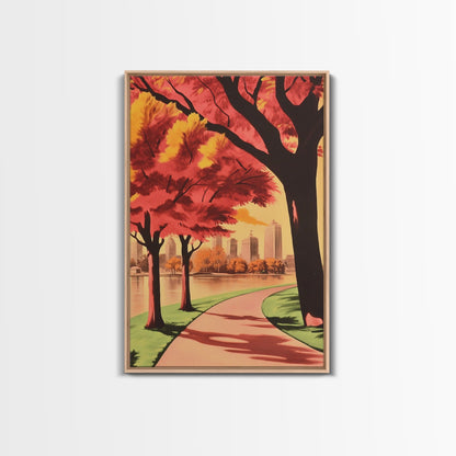 Canvas Print of City Park with Autumn Trees and Path, Seasonal Wall Art, Modern Farmhouse Decor, Best Gift Idea, Fall Cityscape Art