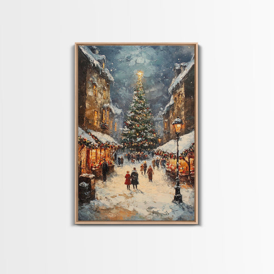 Christmas Market Scene With Tree And Snow Framed Canvas Print Vintage Holiday Village Scene Perfect For Christmas Wall Art And Holiday Decor