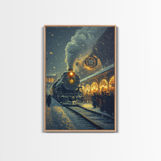 Nostalgic Christmas Train Station Scene in Snowy Winter Night, Ideal for Holiday Decor, Framed Canvas Print