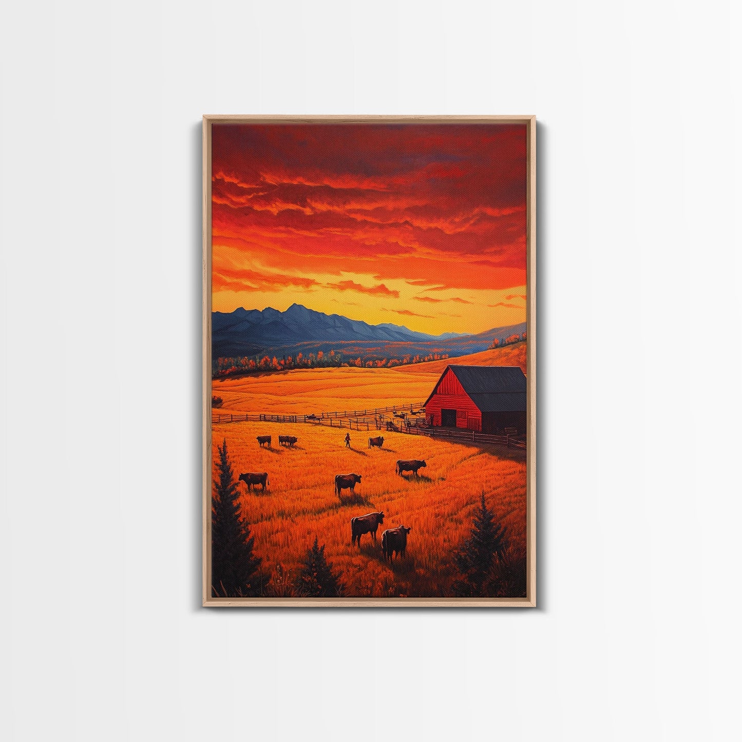 Golden Fields and Barn Framed Canvas Print, Pastoral Landscape with Mountains Grazing Cows, Rustic Fall Wall Art Farmhouse Ranch Style Decor