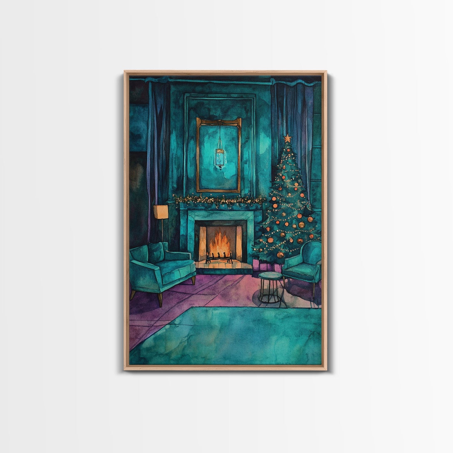 Cozy living room with Christmas tree and fireplace, Framed Canvas Print, Christmas wall art, perfect modern farmhouse holiday decor