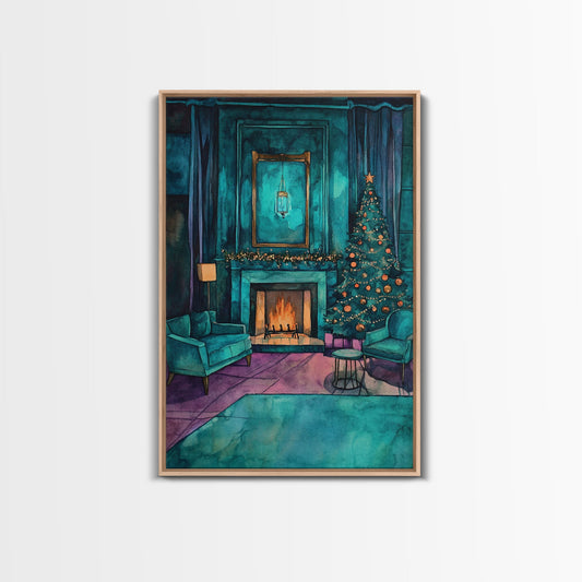 Cozy living room with Christmas tree and fireplace, Framed Canvas Print, Christmas wall art, perfect modern farmhouse holiday decor
