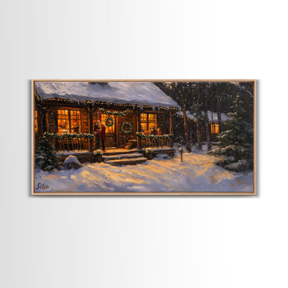 Festive Log Cabin Winter Scene Framed Canvas Print Christmas Wall Art, Rustic Holiday Art, Cozy Christmas Scene, Seasonal Wall Decor Gift