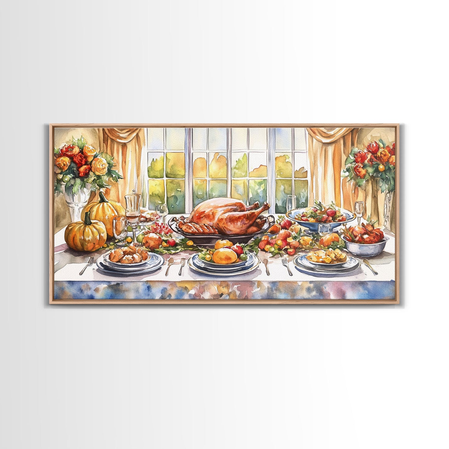 Framed Canvas Print Autumn Thanksgiving Dinner Table Art with Pumpkins, Perfect Fall Home Decor, Seasonal Wall Art, and Gallery Wall Piece
