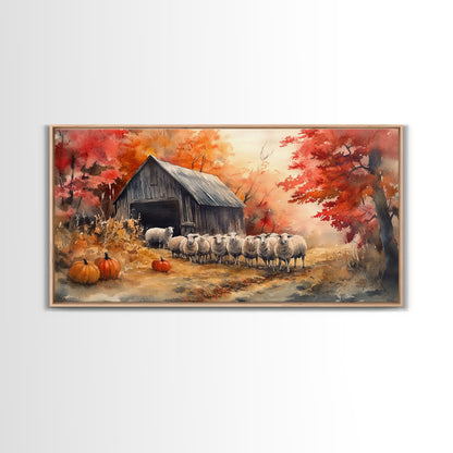 Framed Canvas Print Autumn Farm with Sheep and Pumpkins, Perfect Fall Decor, Rustic Country Home Wall Art, Seasonal Autumn Canvas Print