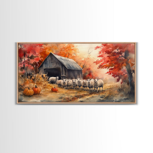 Framed Canvas Print Autumn Farm with Sheep and Pumpkins, Perfect Fall Decor, Rustic Country Home Wall Art, Seasonal Autumn Canvas Print