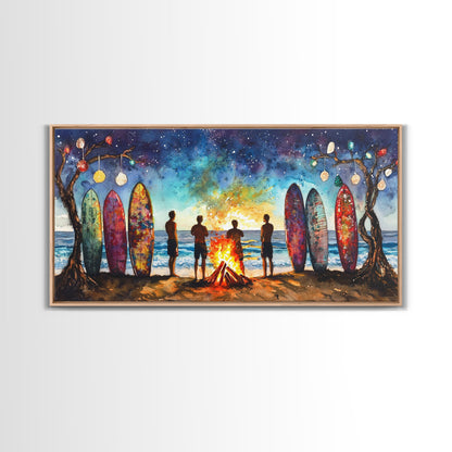 Canvas Print Beach Bonfire with Surfboards Under Stars, Coastal Christmas Art, Tropical Holiday Wall Art, Beach Christmas Decor