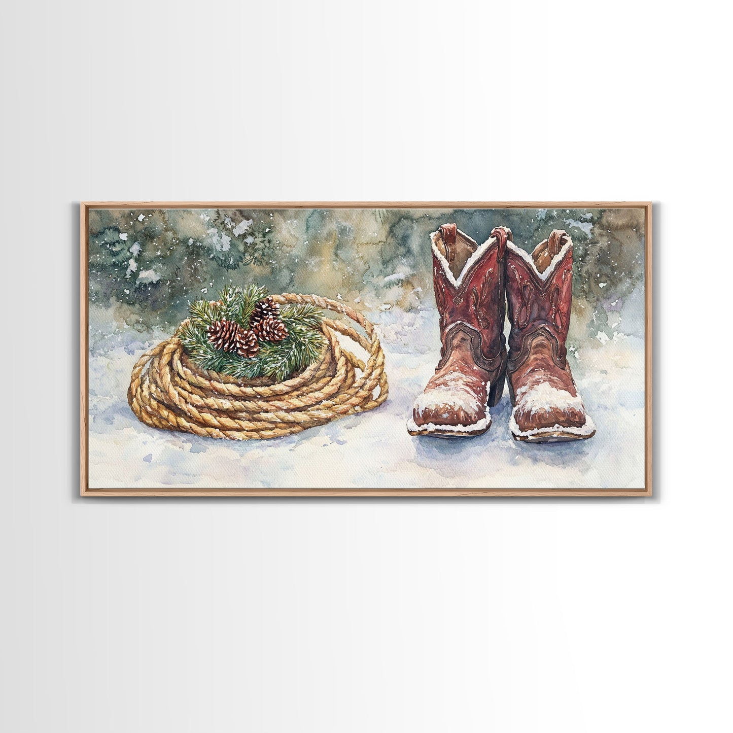 Canvas Print Cowboy Boots with Christmas Wreath and Rope, Rustic Christmas Decor, Winter Western Holiday Art, Farmhouse Wall Print