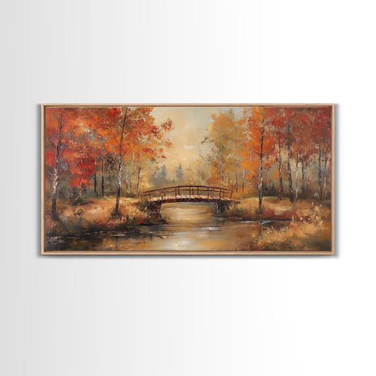 Autumn Bridge Over Quiet River Tall Art Framed Canvas Print Serene Fall Landscape With Colorful Foliage And Peaceful Reflections