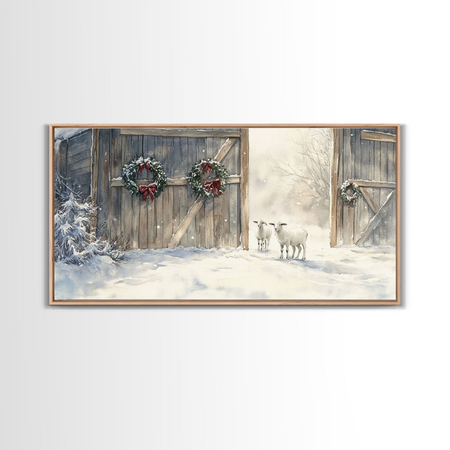 Christmas decor farmhouse Framed Canvas Print snowy barn Christmas scene holiday wall art best gift Christmas decor Christmas tree art 2024