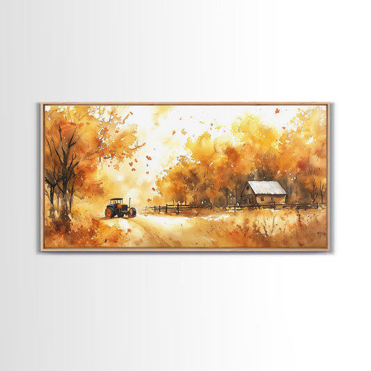Autumn farmhouse art Canvas Print tractor and cabin rustic decor vintage fall wall art seasonal wall art gift idea fall holiday home decor