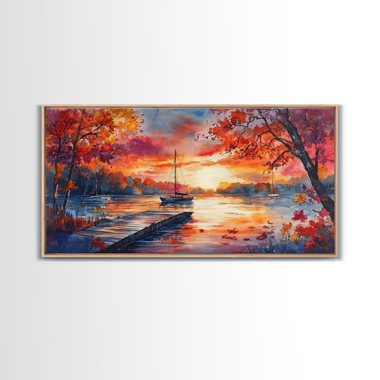 Fall landscape art Canvas Print sunset on lake sailboats moody landscape holiday wall art vintage fall decor gift idea autumn wall art