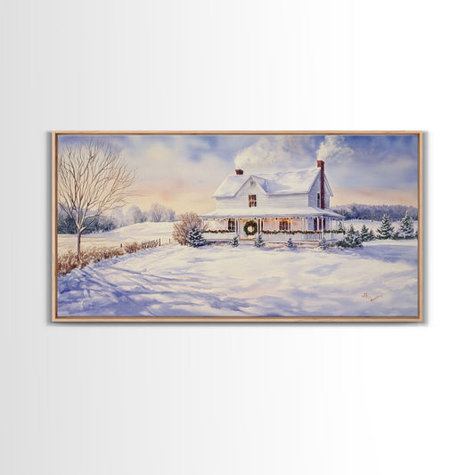 Farmhouse Christmas decor Framed Canvas Print snowy white farmhouse with wreath winter wonderland holiday decor best gift Christmas wall art