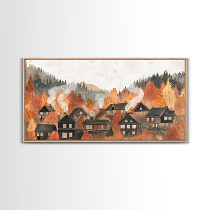 Autumn village decor Framed Canvas Print rustic village with fall trees cozy seasonal wall art gift idea moody landscape autumn home decor
