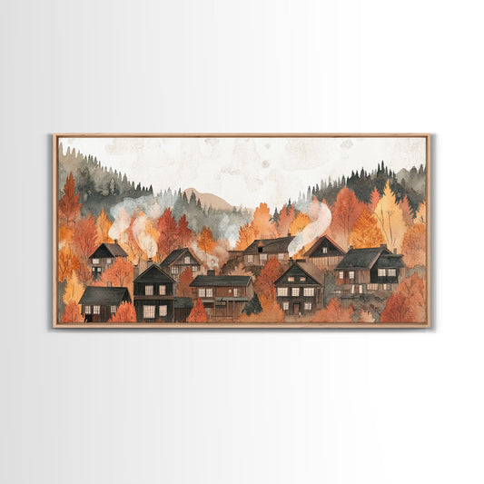 Autumn village decor Framed Canvas Print rustic village with fall trees cozy seasonal wall art gift idea moody landscape autumn home decor