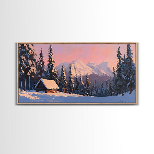 Snowy Mountain Cabin Tall Art Framed Canvas Print Cozy Winter Cabin Nestled In Snowy Forest With Majestic Mountain Landscape