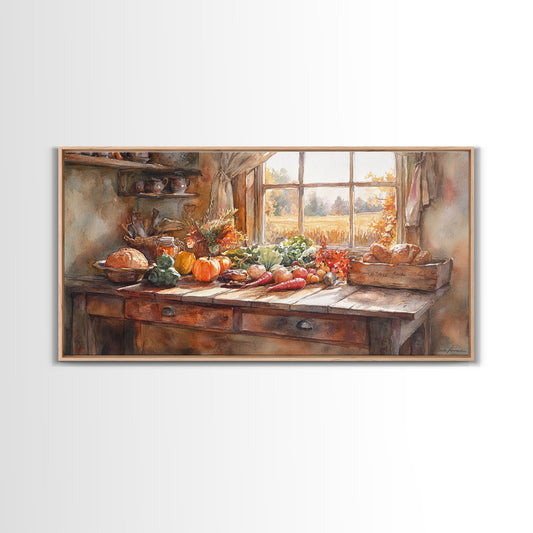 Autumn farmhouse scene art, seasonal wall decor, vintage fall wall art, rustic autumn home decor, gift idea, framed canvas print