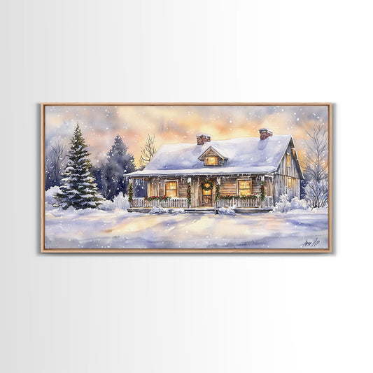 Log cabin in winter, snowy holiday art, farmhouse Christmas decor, rustic Christmas, vintage wall art, framed canvas print